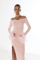 Pink vanilla knit midi skirt with feather details from Andreeva, featuring a soft, textured fabric and stylish feather accents.