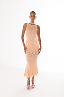 Andreeva vanilla peach knit midi dress with feather details, showcasing a stylish and elegant design.