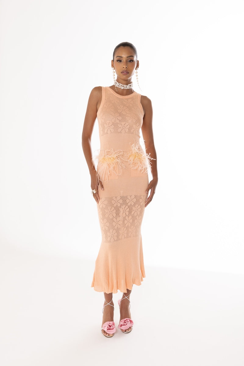 Andreeva vanilla peach knit midi dress with feather details, showcasing a stylish and elegant design.