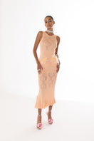 Andreeva vanilla peach knit midi dress with feather details, showcasing a stylish, elegant design.