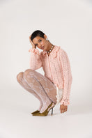 White handmade crochet chrysanthemum shorts by Andreeva, featuring intricate floral detailing and a comfortable fit.