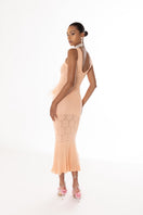 Andreeva vanilla peach knit midi dress with feather details, featuring a stylish and elegant design perfect for special occasions.