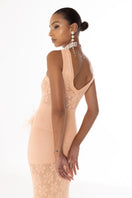 Andreeva vanilla peach knit midi dress with feather accents, showcasing a stylish and elegant design.