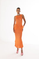 Andreeva vanilla coral knit midi dress with feather details, showcasing a stylish, elegant design perfect for special occasions.