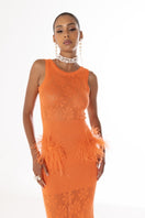 Andreeva vanilla coral knit midi dress with feather details, showcasing a stylish, elegant design perfect for special occasions.