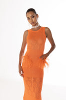 Andreeva vanilla coral knit midi dress with feather details, featuring a stylish and elegant design.