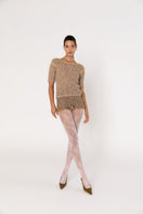 Brown handmade crochet shorts by Andreeva featuring intricate detailing and a comfortable fit, perfect for casual wear.