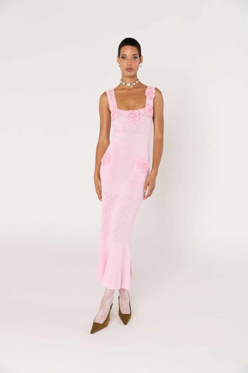 ROSE VANILLA KNIT DRESS WITH HANDMADE KNIT DETAILS - CULT MIA