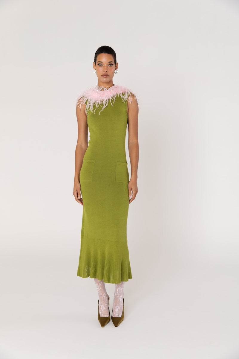 Andreeva CHRYSANTHEMUM GREEN KNIT DRESS WITH PINK FEATHERS DETAILS | Cult Mia Andreeva CHRYSANTHEMUM GREEN KNIT DRESS WITH PINK FEATHERS DETAILS | Cult Mia