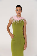 Green knit midi dress by Andreeva featuring pink feather details and a fitted silhouette.