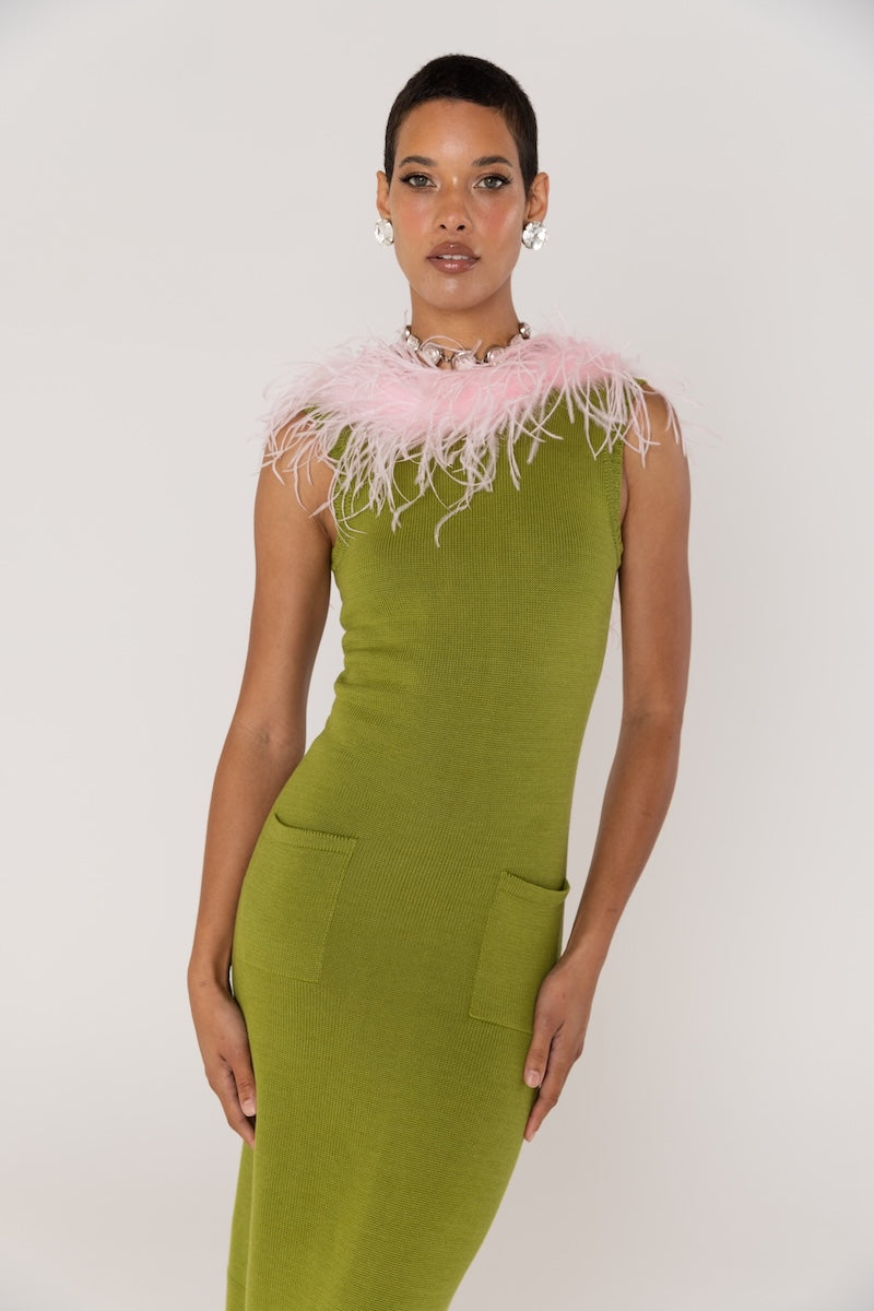 Andreeva CHRYSANTHEMUM GREEN KNIT DRESS WITH PINK FEATHERS DETAILS | Cult Mia Andreeva CHRYSANTHEMUM GREEN KNIT DRESS WITH PINK FEATHERS DETAILS | Cult Mia
