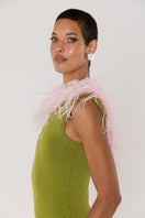 Green knit midi dress by Andreeva with pink feather details, featuring a fitted silhouette and stylish design.