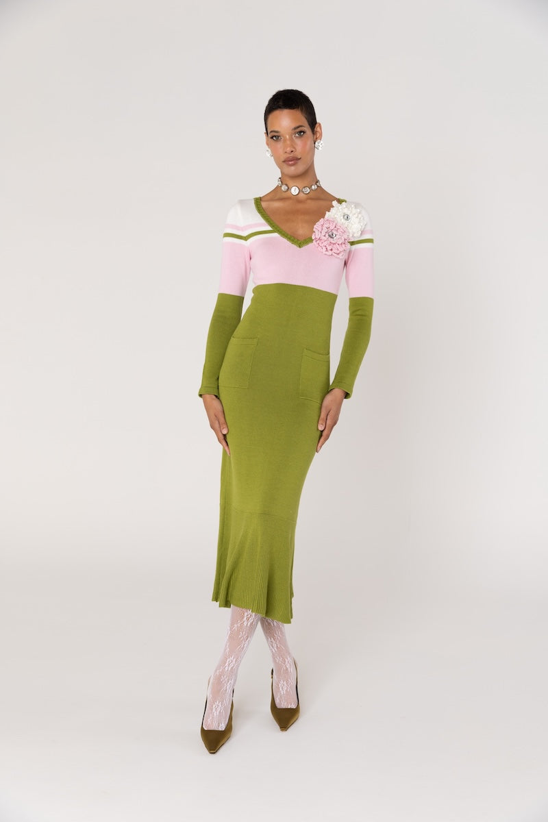CHRYSANTHEMUM GREEN KNIT DRESS WITH SWAROVSKI DETAILS