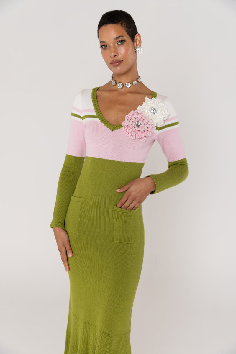 green and pink knit dress CHRYSANTHEMUM GREEN KNIT DRESS WITH SWAROVSKI DETAILS | CULT MIA