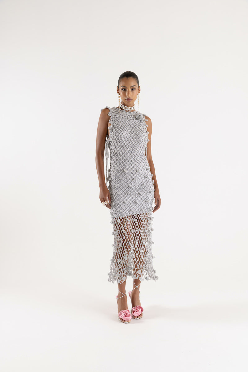 SOFIA SILVER HANDMADE CROCHET MIDI DRESS - CULT MIA