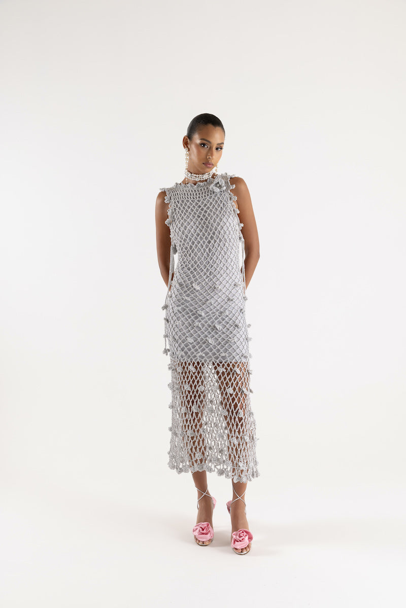 SOFIA SILVER HANDMADE CROCHET MIDI DRESS - CULT MIA