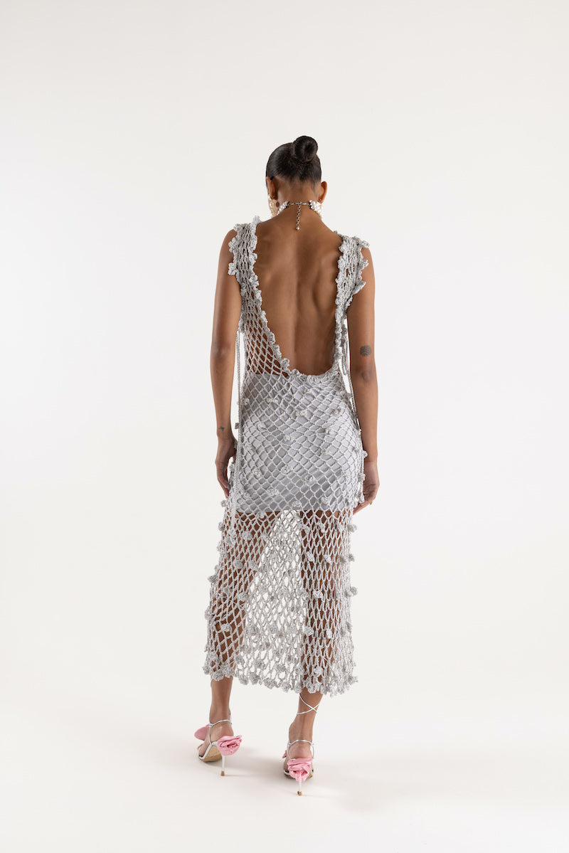 SOFIA SILVER HANDMADE CROCHET MIDI DRESS | CULT MIA | Andreeva SOFIA SILVER HANDMADE CROCHET MIDI DRESS | CULT MIA | Andreeva