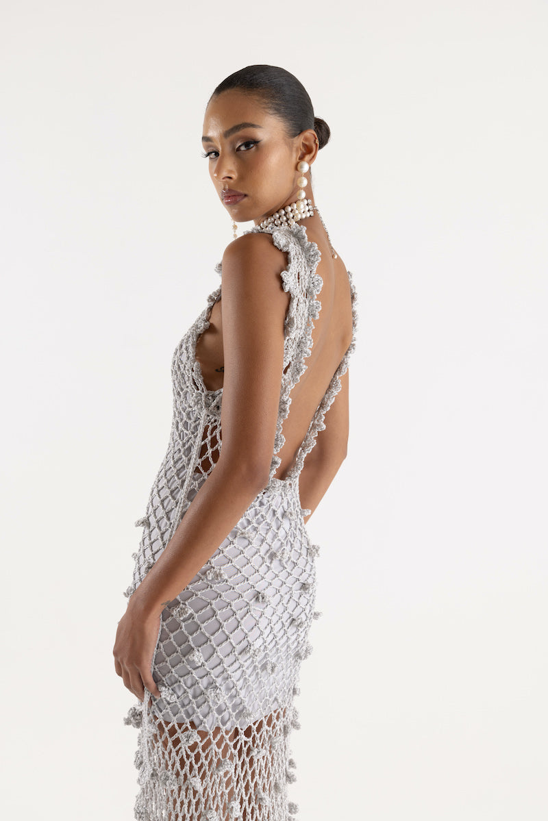 Andreeva Sofia Silver Handmade Crochet Midi Dress | Cult Mia Andreeva Sofia Silver Handmade Crochet Midi Dress | Cult Mia