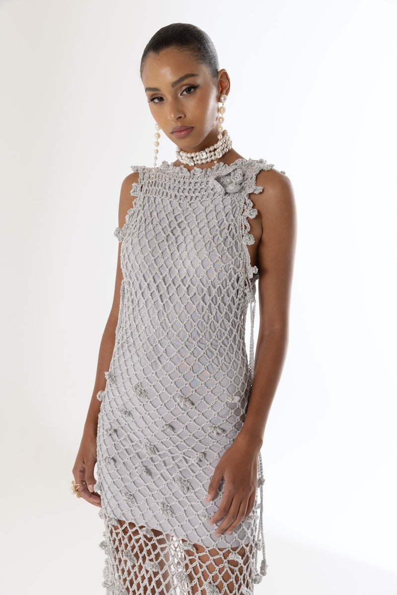 gray crochet dress SOFIA SILVER HANDMADE CROCHET MIDI DRESS | CULT MIA