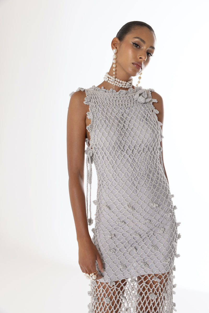 SOFIA SILVER HANDMADE CROCHET MIDI DRESS - CULT MIA