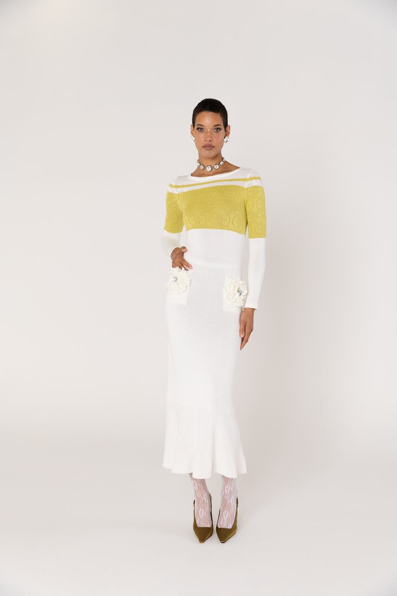 CHRYSANTHEMUM WHITE KNIT DRESS WITH SWAROVSKI DETAILS