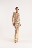 Yellow handmade crochet maxi dress by Andreeva featuring a butter vanilla color and intricate crochet details.