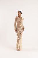 Yellow handmade crochet maxi dress by Andreeva with butter vanilla color, featuring intricate crochet details and a flowing silhouette.