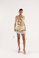 Colorful handmade crochet top-dress in multicolor vanilla shades by Andreeva, featuring intricate crochet patterns and a sleeveless design.