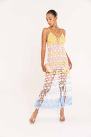 Handmade flower marine maxi crochet dress by Andreeva featuring intricate crochet details and flowing fabric.