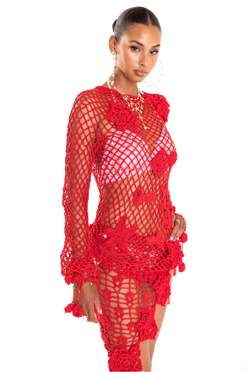 Handmade cherry crochet top cover-up by Andreeva featuring intricate crochet patterns and a relaxed fit.