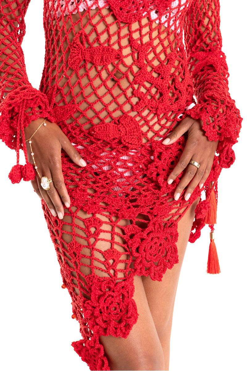 Handmade cherry-colored crochet top cover-up by Andreeva, featuring intricate crochet patterns and lightweight fabric.