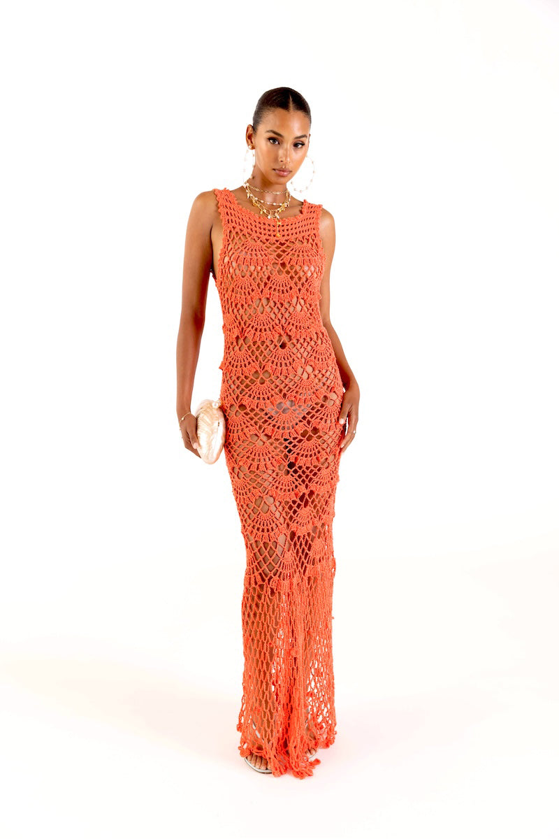 CORAL SHELL HANDMADE MAXI CROCHET DRESS | CULT MIA