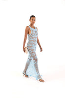 Handmade aqua shell maxi crochet dress by Andreeva, featuring intricate crochet patterns and flowing fabric.