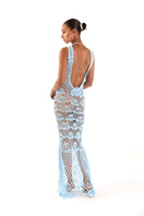 Handmade aqua shell maxi crochet dress by Andreeva, featuring intricate crochet patterns and flowing fabric for a stylish look.