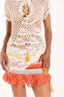 Handmade coral reef crochet mini skirt by Andreeva, featuring intricate stitch details and a fitted waist for stylish wear.