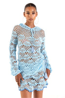 Handmade aqua marine crochet hoodie by Andreeva, featuring detailed knit pattern and casual fit, perfect as a stylish top.