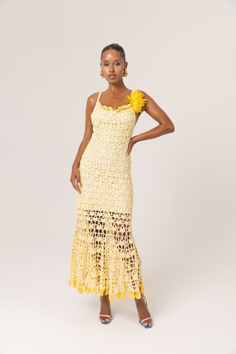 BUTTER YELLOW CHRYSANTHEMUM MIDI HANDMADE CROCHET DRESS