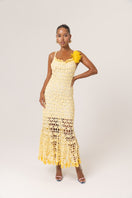 Yellow chrysanthemum crochet midi dress by Andreeva, featuring handmade detailing and a feminine, flowing design.