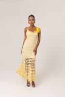 Yellow chrysanthemum crochet midi dress by Andreeva, featuring handmade crochet details and a flowing midi length.