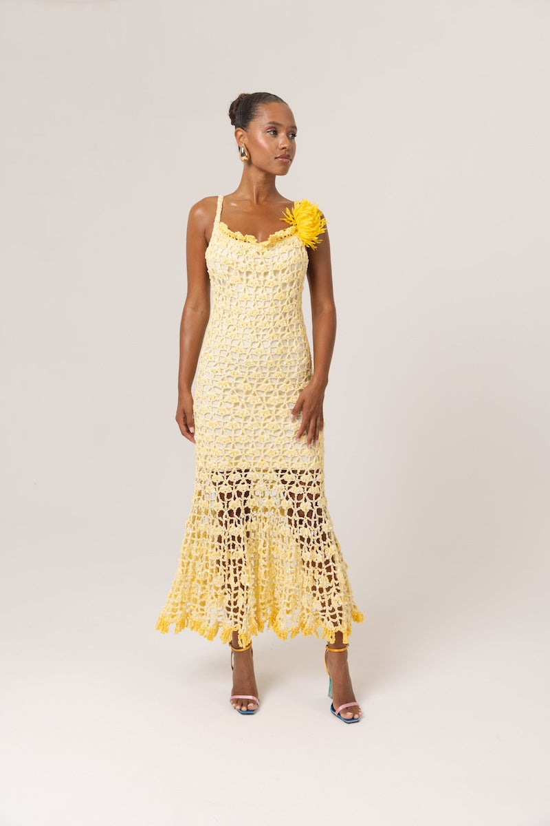 Yellow crochet midi dress by Andreeva featuring intricate handmade floral patterns and a comfortable, stylish fit.