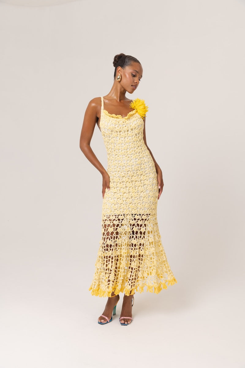 BUTTER YELLOW CHRYSANTHEMUM MIDI HANDMADE CROCHET DRESS | CULT MIA