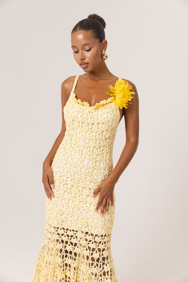 Andreeva BUTTER YELLOW CHRYSANTHEMUM MIDI HANDMADE CROCHET DRESS | Cult Mia Andreeva BUTTER YELLOW CHRYSANTHEMUM MIDI HANDMADE CROCHET DRESS | Cult Mia