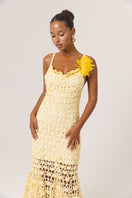 Yellow chrysanthemum handmade crochet midi dress by Andreeva featuring intricate crochet details and a flowing midi length.