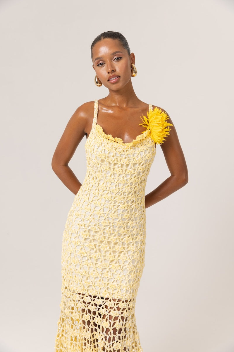 Andreeva BUTTER YELLOW CHRYSANTHEMUM MIDI HANDMADE CROCHET DRESS | Cult Mia Andreeva BUTTER YELLOW CHRYSANTHEMUM MIDI HANDMADE CROCHET DRESS | Cult Mia