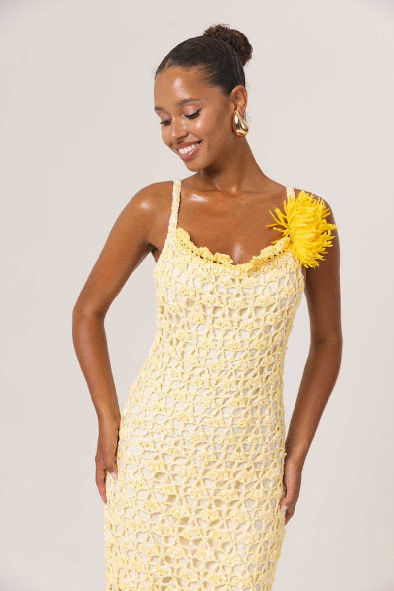Andreeva BUTTER YELLOW CHRYSANTHEMUM MIDI HANDMADE CROCHET DRESS | Cult Mia Andreeva BUTTER YELLOW CHRYSANTHEMUM MIDI HANDMADE CROCHET DRESS | Cult Mia