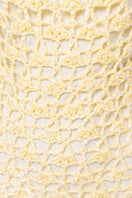 Yellow crochet midi dress from Andreeva featuring handmade chrysanthemum details and a fitted silhouette.