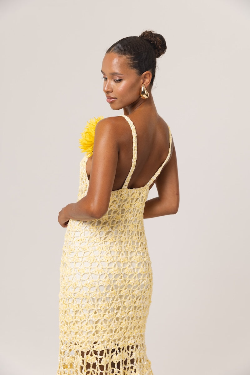 BUTTER YELLOW CHRYSANTHEMUM MIDI HANDMADE CROCHET DRESS | CULT MIA | Andreeva BUTTER YELLOW CHRYSANTHEMUM MIDI HANDMADE CROCHET DRESS | CULT MIA | Andreeva