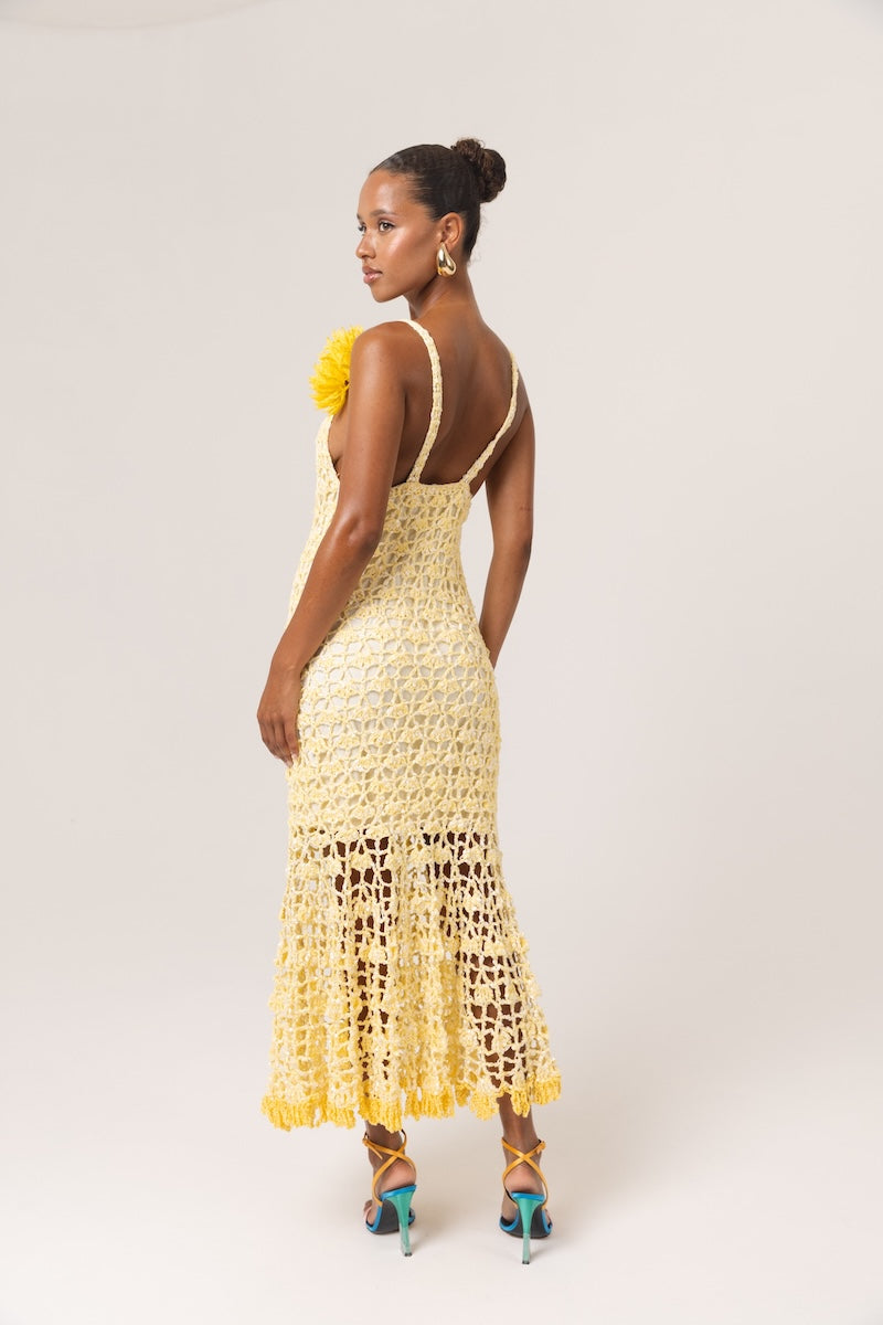Andreeva BUTTER YELLOW CHRYSANTHEMUM MIDI HANDMADE CROCHET DRESS | Cult Mia Andreeva BUTTER YELLOW CHRYSANTHEMUM MIDI HANDMADE CROCHET DRESS | Cult Mia