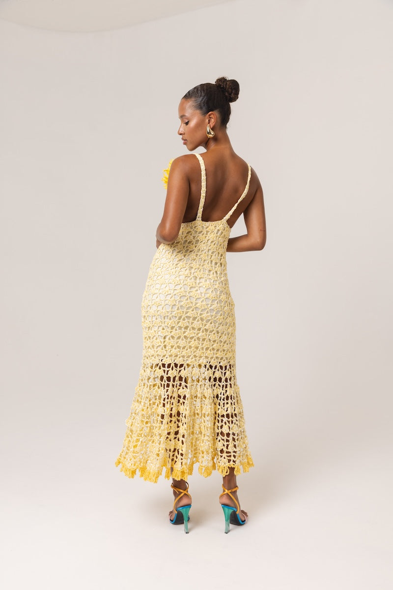 Andreeva BUTTER YELLOW CHRYSANTHEMUM MIDI HANDMADE CROCHET DRESS | Cult Mia Andreeva BUTTER YELLOW CHRYSANTHEMUM MIDI HANDMADE CROCHET DRESS | Cult Mia