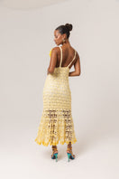 Yellow chrysanthemum crochet midi dress by Andreeva featuring handmade embroidery and a relaxed, elegant fit.